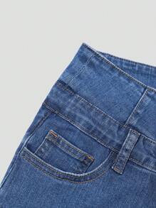 SHEIN Essnce Casual Washed Front Button Slim Fit Denim Shorts - Medium Wash - View 5