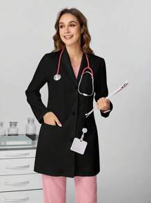 SHEIN TaskFit Women Single-Breasted Long Sleeve Casual Lab Jacket Professional Women Professional Work Office Lab Coat