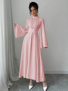 Rafferiza 女士纯色立领长袖简约长裙，休闲日常穿着长款女装 - 粉色 - 查看 5