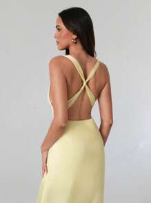 SHEIN Unity Women's Fashionable Satin Backless Draped Neck Fitted Maxi Dress, European & American Style For Spring/Summer - Yellow - View 2