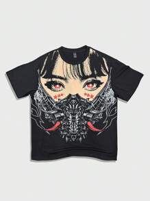 ROMWE MEN Men's Casual Anime Character Print Round Neck Short Sleeve T-Shirt - Black - View 1