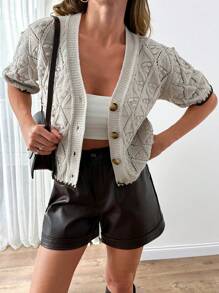 EURMUSE Women Contrast Trim V-Neck Front Tie Pom Pom Detailed Short Sleeve Cardigan Button Up Cardigan Fall Country Women Clothes Back To School,Long Cardigans Woman,Petite Cardigans,Cardigans - Beige - View 5