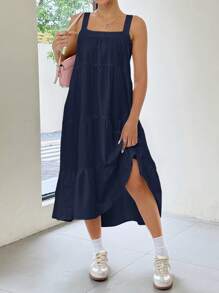 SHEIN EZwear Solid Color Minimalist Daily Long A-Line Sleeveless Slip Dress, Spring/Summer - Navy Blue - View 5