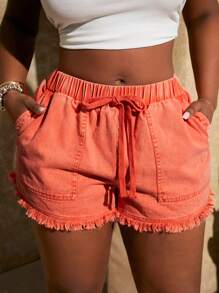 SHEIN SXY 加大码女式复古水洗复古松紧腰流苏下摆短裤，适合日常穿着、音乐节、音乐会、狂欢派对、海滩度假、约会之夜、生日、单身派对、俱乐部、可爱、休闲、购物、街头服饰、外出，易于搭配且看起来修身，凸显您的身材，修饰身材 - 橘色 - 查看 4