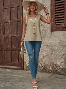 EMERY ROSE Women Casual Simple Solid Color Tank Top Cotton - Khaki - View 4