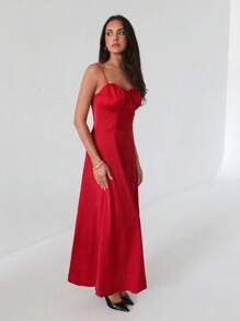 Roylia Váy chữ A buộc eo dài dây dài màu đỏ rượu vang - Màu Đỏ Sâu - Xem 1