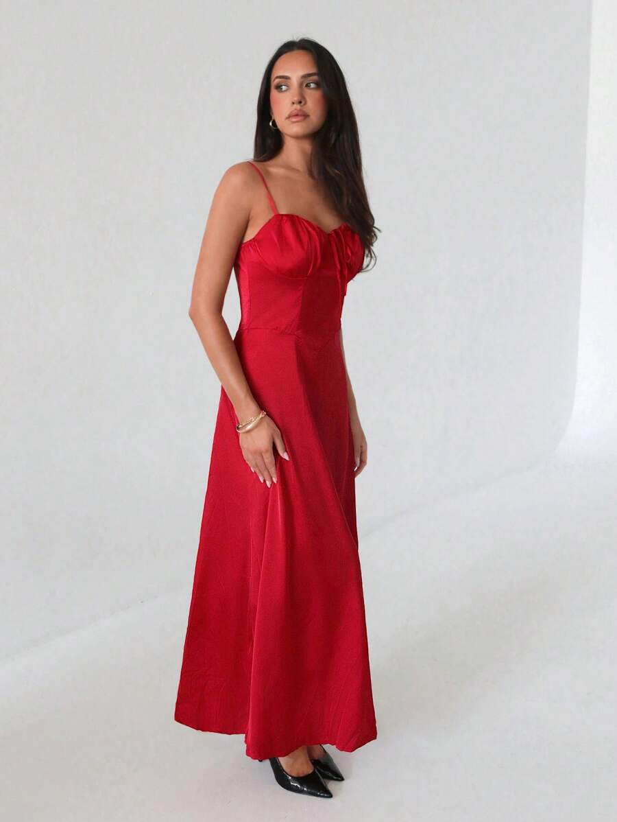 Roylia Váy chữ A buộc eo dài dây dài màu đỏ rượu vang - Màu Đỏ Sâu - Xem 1