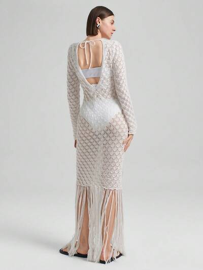 2025 New Style Women's Beach Dress, Ladies Pullover Dress With White Tassel Trim Patchwork Hem, Round Neck Long Sleeve Backless Design, Jacquard Fabric