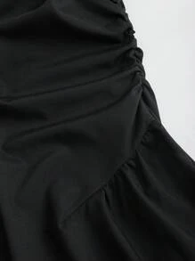 Vestido Camisero  Unity Azul Cielo Negro Fruncido Cintura Alta Estiliza A-line Botones Frontales Mini - Negro - Ver 6