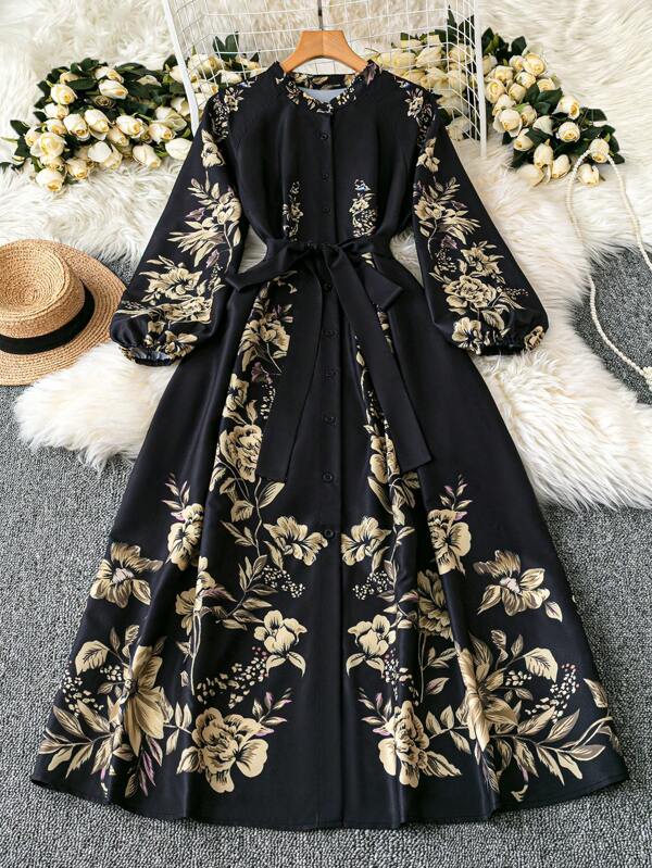 DreamSkyne Court Retro  Plus Size Women Elegant Floral Print Lantern Sleeve Belted Dress Maxi Women Outfit