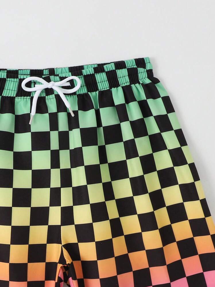 SHEIN Pantalones Cortos De Playa De Cintura Con Cordón Para Niño Adolescente Con Estampado De Tablero De Ajedrez - Multicolor - Añade 5