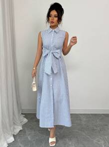 Elenzga Summer Casual Striped Front Button Sleeveless Dress - Blue and White - View 3