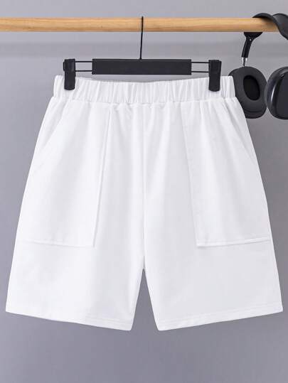SHEIN Leap Crew 1 Quần đùi thường ngày có dây rút cho bé trai tuổi teen có túi, phù hợp mặc vào mùa xuân và mùa hè; Quần áo cho bé trai tuổi teen; Áo khoác cho bé trai tuổi teen, mùa xuân trở lại trường
