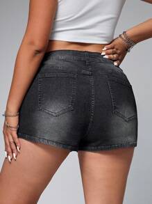 SHEIN EZwear Plus Size Women's Casual Versatile Pocket Denim Shorts - Black - View 2