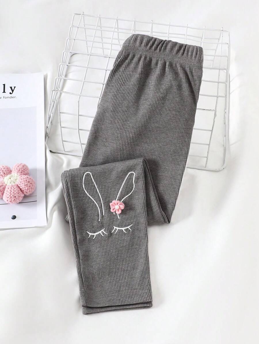 Girls Easter Casual All-Match Rabbit Embroidery Floral 3D Knitted Rib-Knit Leggings, Pink - Grey - View 1