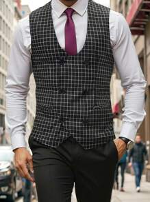 Manfinity Mode Chaleco sin mangas casual con botones y estampado de cuadros para hombres de Manfinity Mode, para uso diario, regalo para novios
