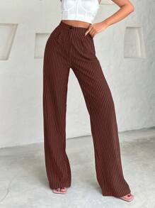 SHEIN Cottnline Fashionable Striped High-Waisted Straight-Leg Pants - Brown - View 6