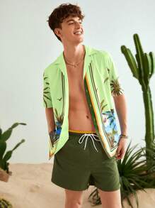 Manfinity VCAY Camisa casual de manga corta y corte holgado para hombre con estampado de árbol de coco