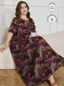 Lacomfia Floral Print Casual Loose Fit Mid-Length Dress, Suitable For Spring/Summer, Plus Size - Multicolor - View 1