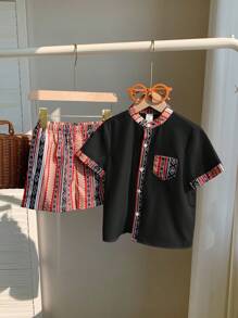 2 Stücke Set mit modischem, einfachem, praktischem, vielseitigem, weichem, bequemem jugendlichem Kleine Jungen, mit retro Mustern, Stehkragen Hemd und Shorts Set geeignet für den täglichen Gebrauch