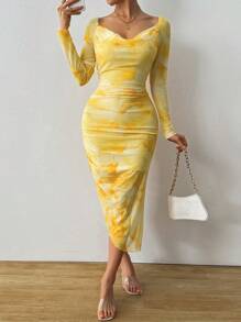 Calvaya Tie Dye Gerimpelde Asymmetrische Zoom Mesh Bodycon Jurk Maxi Dames Outfit