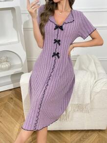 Peter Pan Collar Contrast Color Ruffle Trim Bow Decor Casual Midi Dress For Home & Sleep - Purple - View 5
