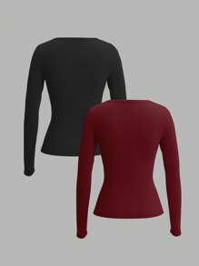 SHEIN EZwear 2pcs Casual Minimalist Horse Pattern Knitted Long Sleeve T-Shirt For Women - Multicolor - View 2