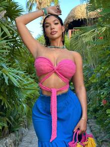 SHEIN SXY Blusa de unicolor con nudo para mujer, informal y apropiada para ocio y vacaciones