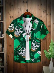 Manfinity Homme 男士前扣短袖全身印花休闲 T 恤，男士休闲幸运四叶草印花圣帕特里克节短袖衬衫 - 綠色 - 查看 1