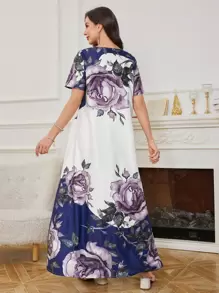 Lacomfia Đầm midi cổ tròn tay ngắn in hoa phong cách Ả Rập cho nữ - Màu xanh lam - Xem 2