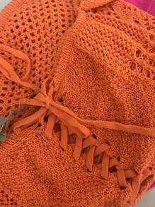 INAWLY 2pcs Women Summer Off-Shoulder Lace-Up Cropped Knit Top & Mini Skirt Set - Orange - View 4