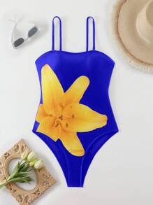 SHEIN Swim 1 pièce Maillot de bain une pièce avec imprimé de vacances et bretelles amovibles pour femmes