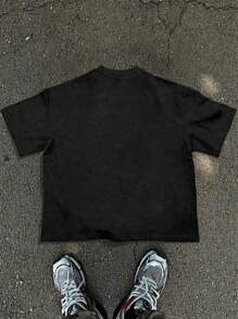 PAVTROS Camiseta casual de cuello redondo de manga corta con estampado de letras y números para hombre - Negro - Ver 2