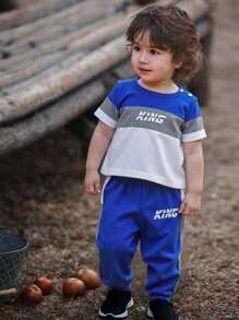 Baby Boy 2pcs Set: Sports Casual Color-Block Short Sleeve Letter Print T-Shirt & Patchwork Long Pants Outfit,Blue White Stripe,Summer,Casual,Beach - Multicolor - View 6