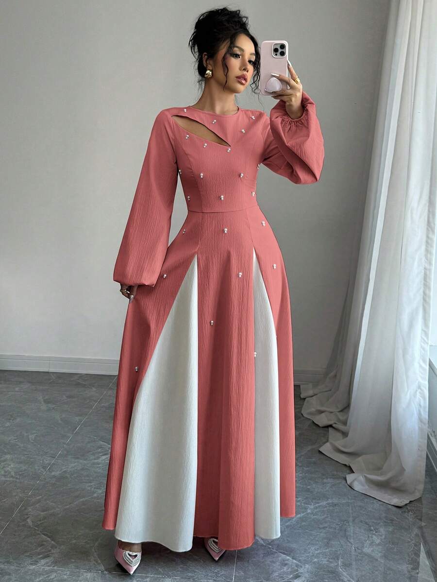 Modelyn 女士优雅双色拼接泡泡珠镂空腰 A 字形连衣裙超长女士装长款晚礼服 - 紅色 - 查看 1