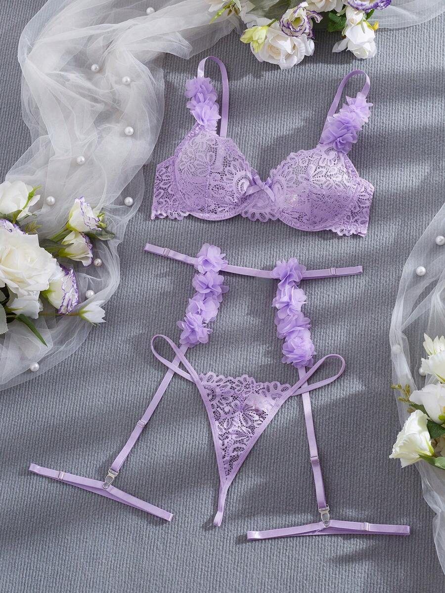 5 件套女士性感内衣套装，包括蕾丝花朵透明钢圈文胸、吊袜带和丁字裤 - 紫色 - 查看 1