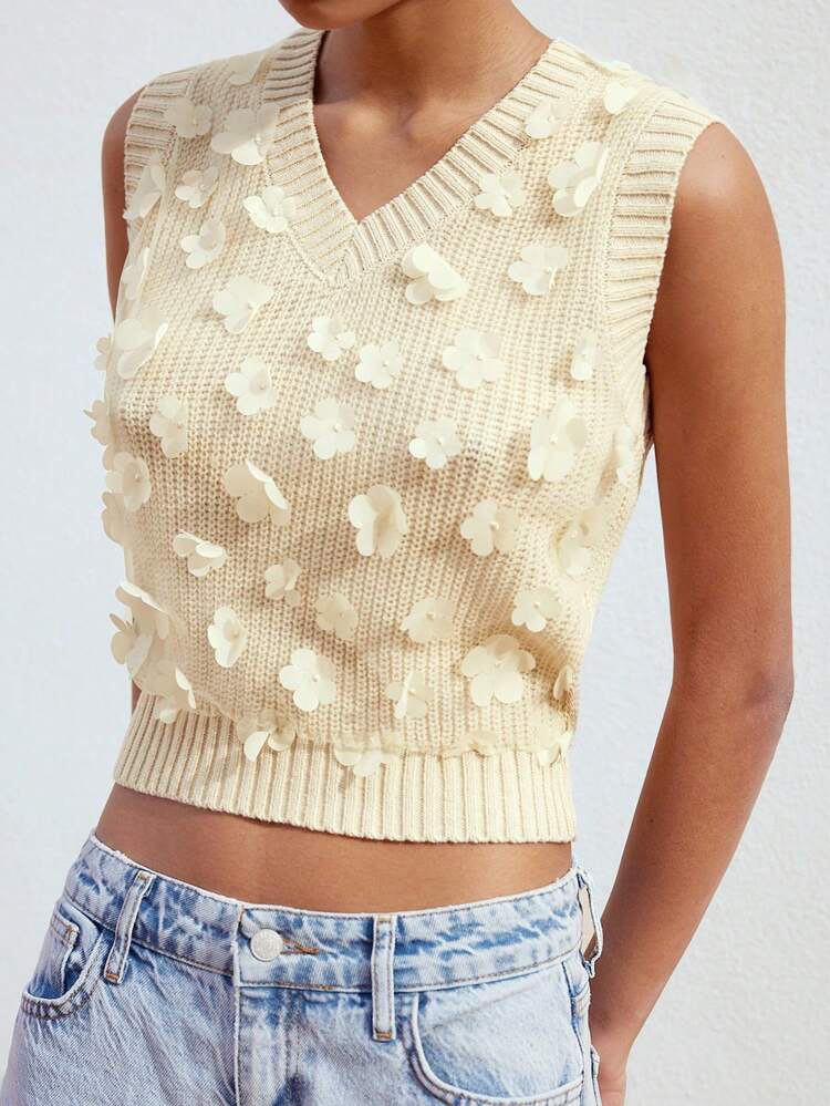 SHEIN Maija Blusa corta de punto casual con escote en V sin mangas y adorno floral amarillo para mujer, ideal para vacaciones de verano