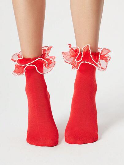Kawaii Calcetines de media pantorrilla para mujer con parches de malla y dobladillo con volantes
