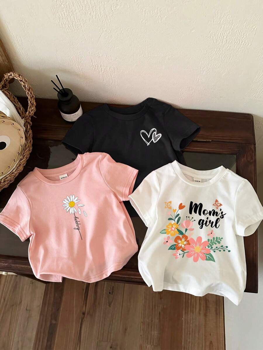 SHEIN Leap Crew 女宝宝休闲简约短袖圆领衬衫,适合夏季 - 彩色 - 查看 1
