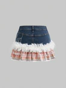 ROMWE Kawaii Cute Y2K Style Plaid & Lace Patchwork Ultra-Short Mini Denim Skirt For Women - Multicolor - View 2