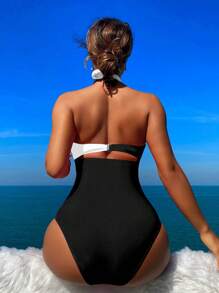 Swim Lushoire Women's Two-Tone Cross Halter One-Piece Swimsuit, For Beach & Holiday For Summer Beach Vacation - Multicolor - View 2