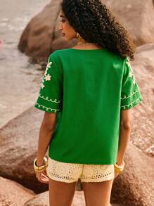 Poéselle Camisa verde, material de lino, transpirable y cómoda, camisa bordada, para mujer de playa, festival, vacaciones de mujer, blusa casual con bordado floral - Verde - Ver 7