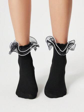Kawaii Calcetines de media pantorrilla para mujer con parches de malla y dobladillo con volantes