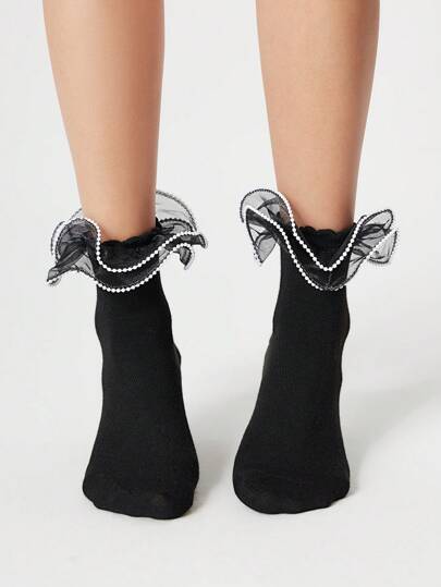 Kawaii Women's Mesh Patchwork With Ruffle Hem Mid-Calf Socks