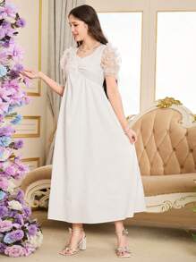 Teen Girl Elegant 3D Butterfly Decor Mesh Patchwork Puff Sleeve Dress - White - View 5