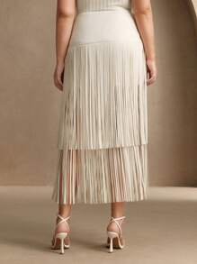 Anewsta Elegant, Casual, Vacation Curve-Fit High-Waist Beige Soft Leather Long Fringe Skirt For Women