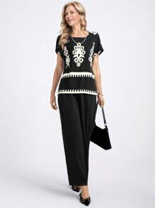 Miaspire Ladies' Spring/Summer Bohemian-Style Printed Top & Casual Solid Color Pants Set, Suitable For Beach Vacations - Black - View 6