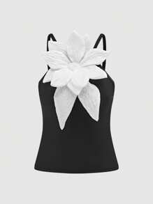 SHEIN Swim Women's Fashion Solid Color Beachwear Summer Outfits, New European And American Style Sleeveless Tank Top With 3D Floral Decor, Spaghetti Strap Triangle Tankini Bottoms And Skirt, Sexy And Elegant 2 Pieces Tankini Swimwear Set