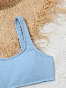 Conjunto de biquíni com gola redonda de cor sólida para meninas adolescentes, roupa de banho para a praia, férias de verão