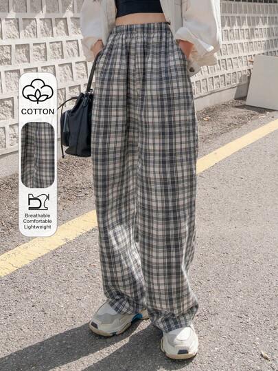 Pantalones casuales con bolsillos en diagonal a cuadros para uso diario, pantalones de profesora